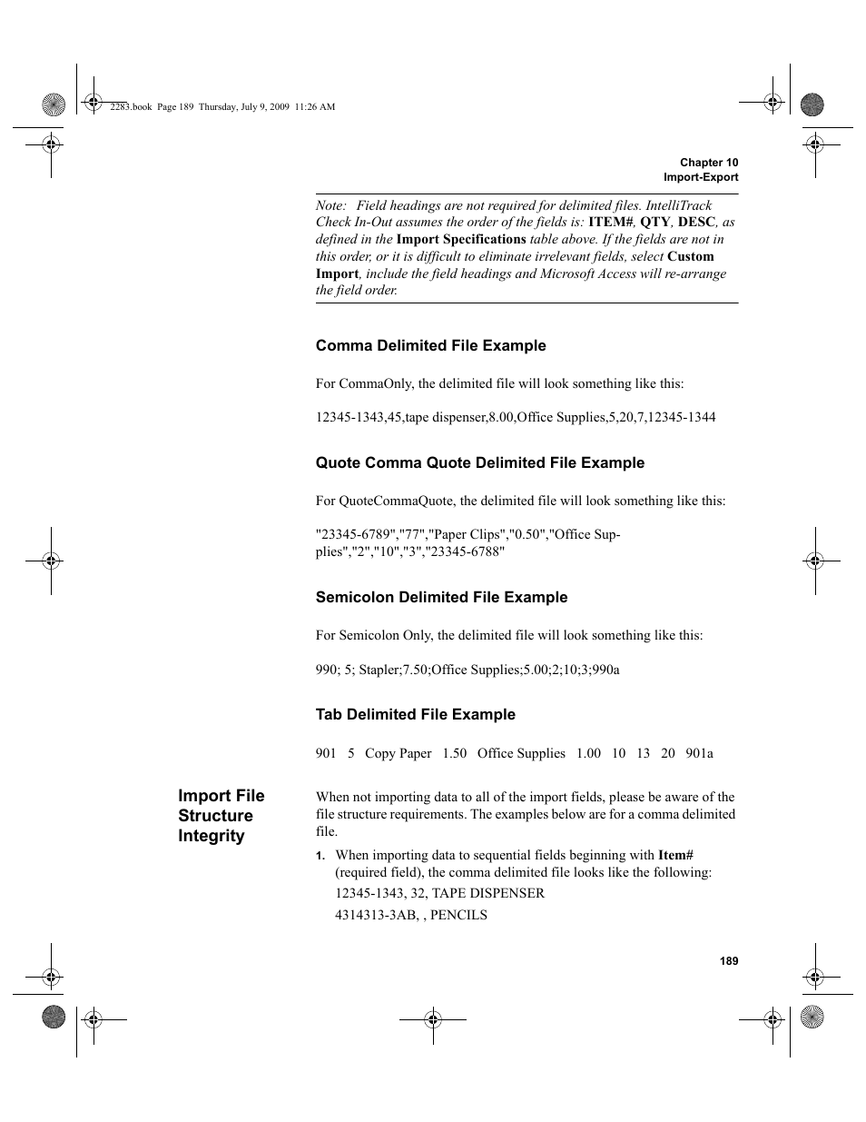 Import file structure integrity, Import file structure integrity 189 | IntelliTrack Check In/Out User Manual | Page 217 / 474