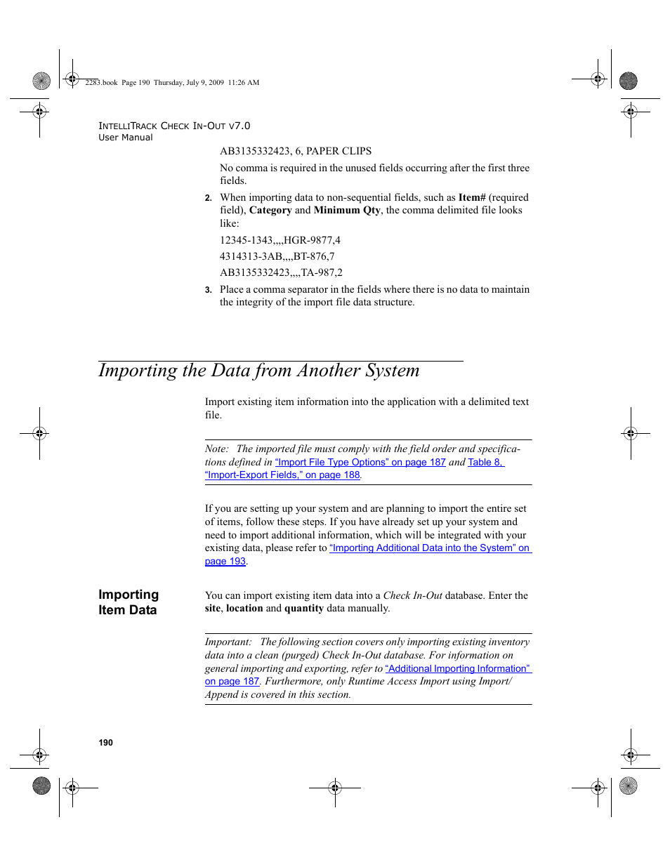 Importing the data from another system, Importing item data, Importing the data from another system 190 | Importing item data 190 | IntelliTrack Check In/Out User Manual | Page 218 / 474