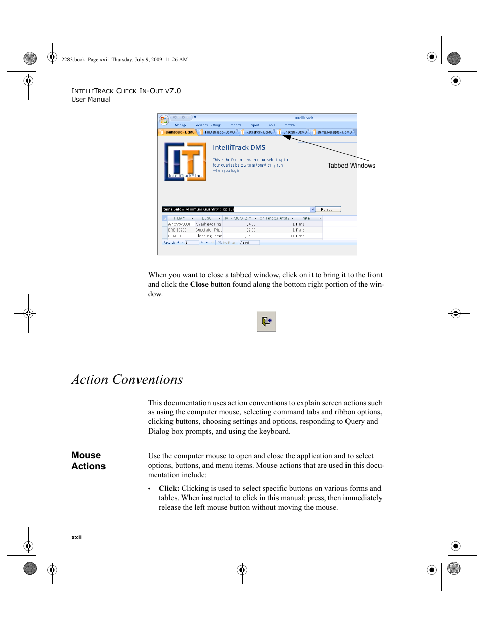 Action conventions, Mouse actions, Action conventions xxii | Mouse actions xxii | IntelliTrack Check In/Out User Manual | Page 22 / 474