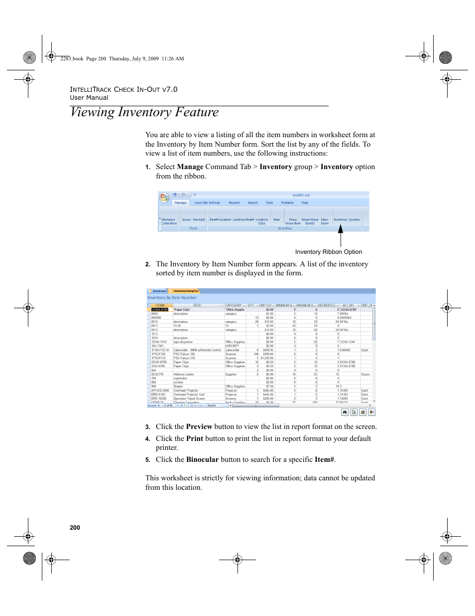 Viewing inventory feature, Viewing inventory feature 200 | IntelliTrack Check In/Out User Manual | Page 228 / 474