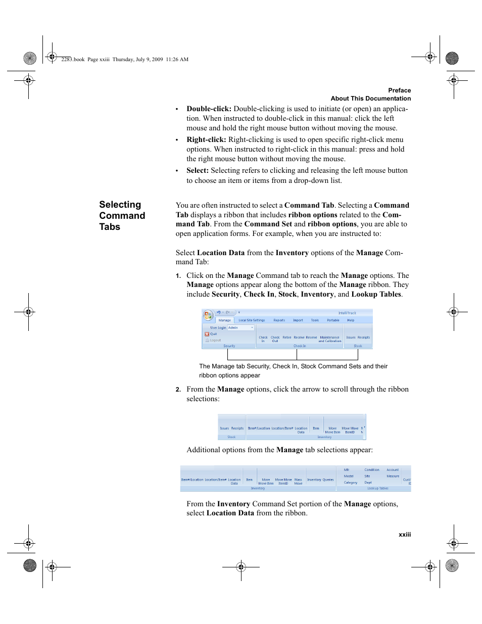 Selecting command tabs, Selecting command tabs xxiii | IntelliTrack Check In/Out User Manual | Page 23 / 474