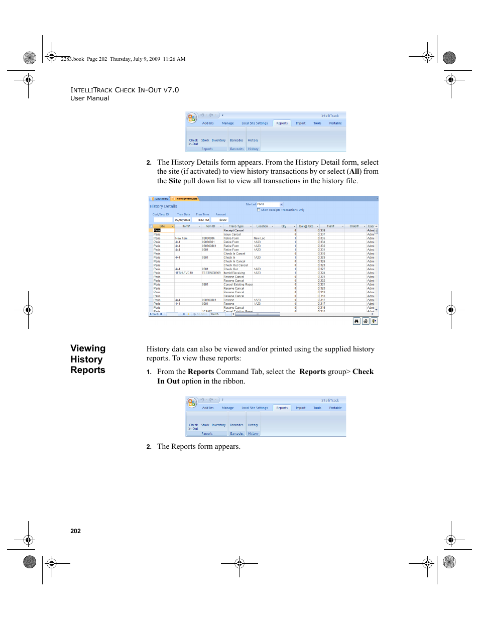 Viewing history reports, Viewing history reports 202 | IntelliTrack Check In/Out User Manual | Page 230 / 474