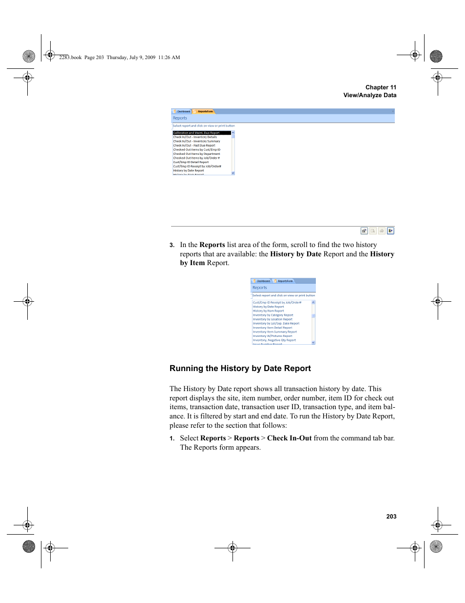 Running the history by date report | IntelliTrack Check In/Out User Manual | Page 231 / 474