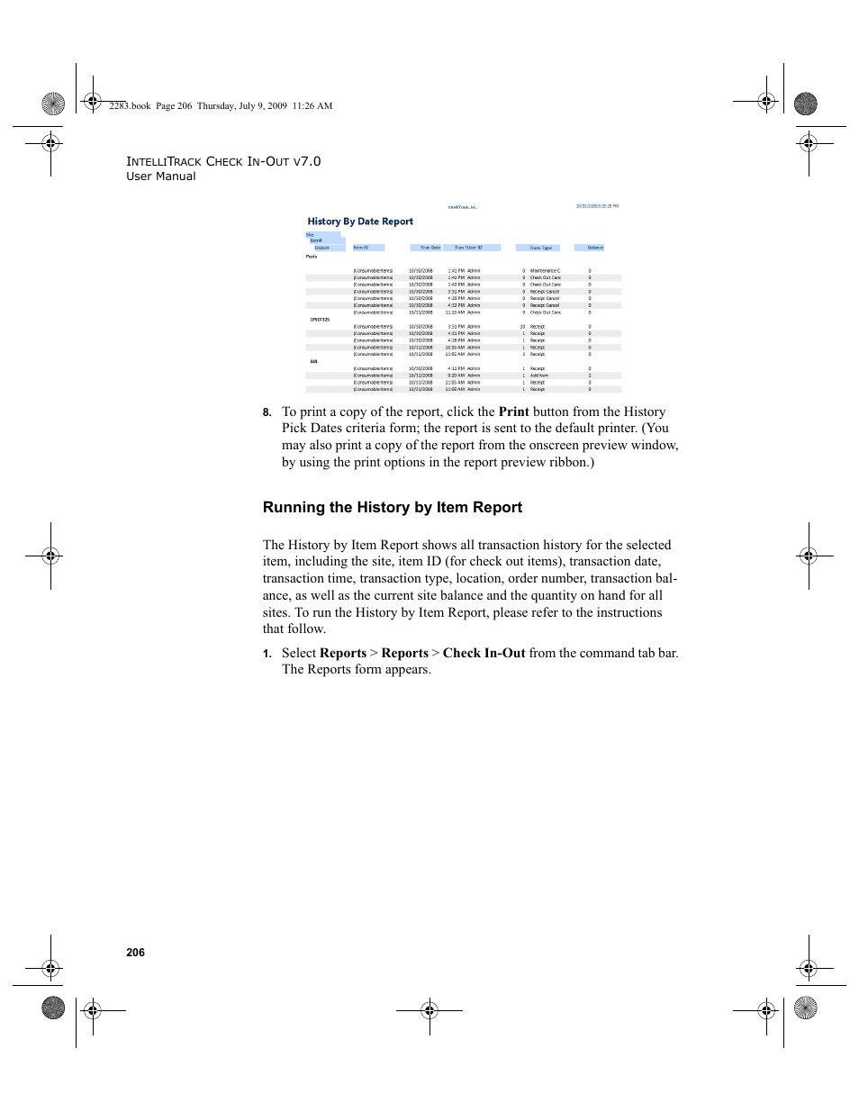 Running the history by item report | IntelliTrack Check In/Out User Manual | Page 234 / 474