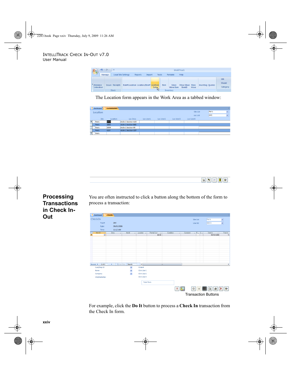 Processing transactions in check in- out, Processing transactions in check in-out xxiv | IntelliTrack Check In/Out User Manual | Page 24 / 474