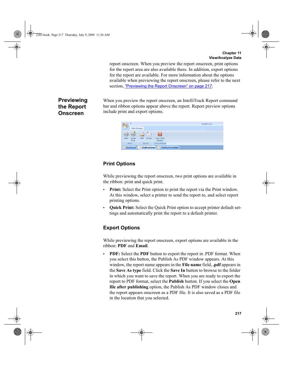 Previewing the report onscreen, Print options export options, Previewing the report onscreen 217 | IntelliTrack Check In/Out User Manual | Page 245 / 474