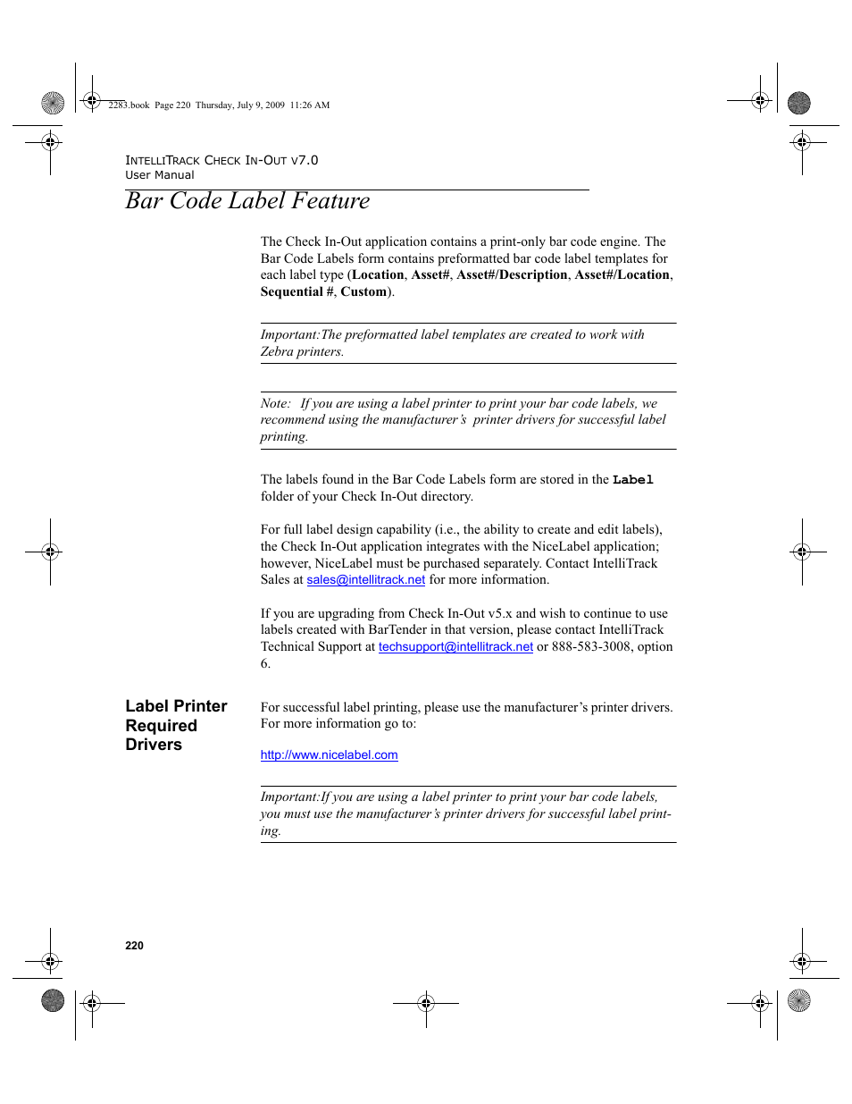 Bar code label feature, Label printer required drivers, Bar code label feature 220 | Label printer required drivers 220 | IntelliTrack Check In/Out User Manual | Page 248 / 474