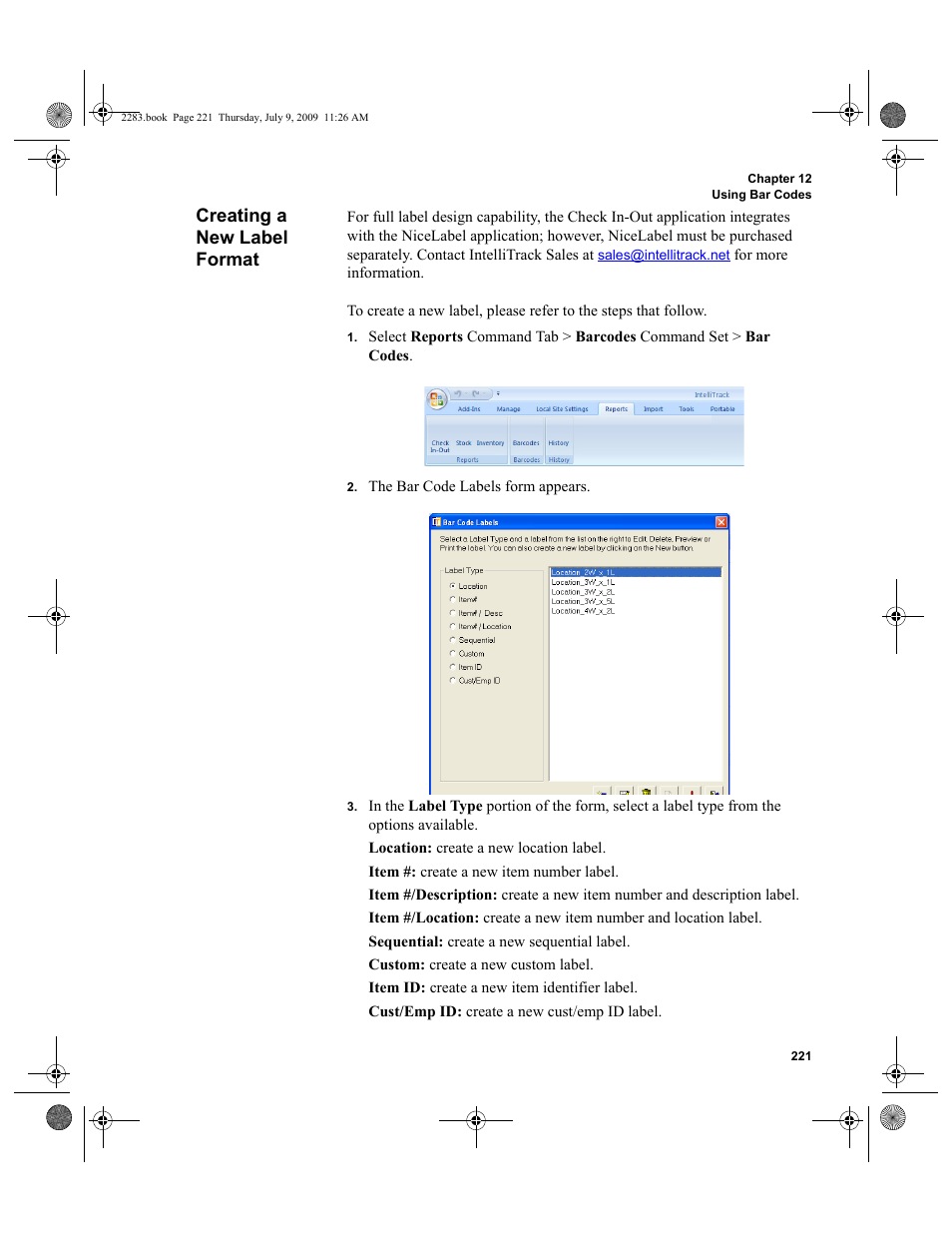 Creating a new label format, Creating a new label format 221 | IntelliTrack Check In/Out User Manual | Page 249 / 474