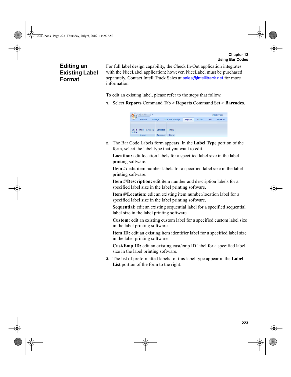 Editing an existing label format, Editing an existing label format 223 | IntelliTrack Check In/Out User Manual | Page 251 / 474