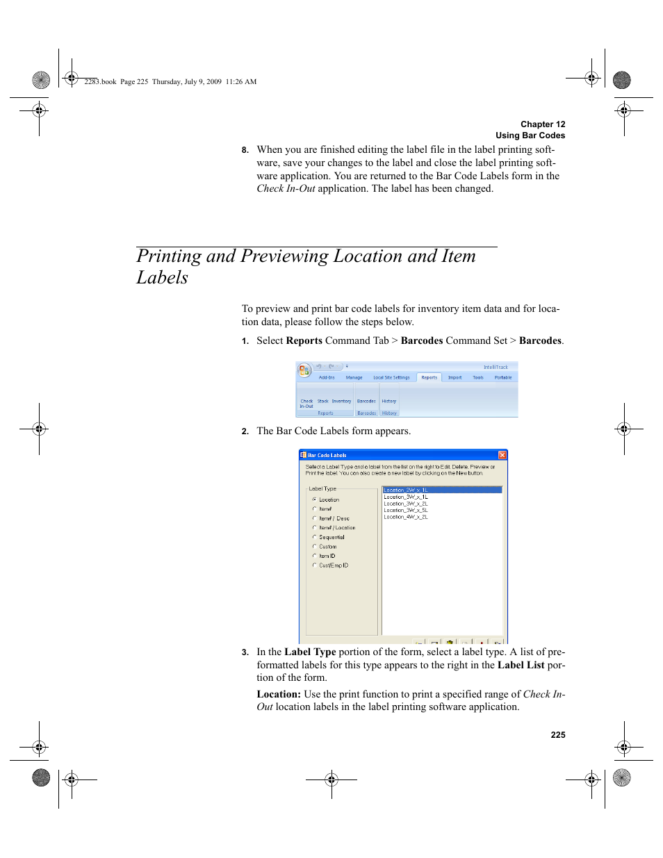 Printing and previewing location and item labels, D in, Printing and previewing | Except, Printing and previewing location and item, Labels 225 | IntelliTrack Check In/Out User Manual | Page 253 / 474