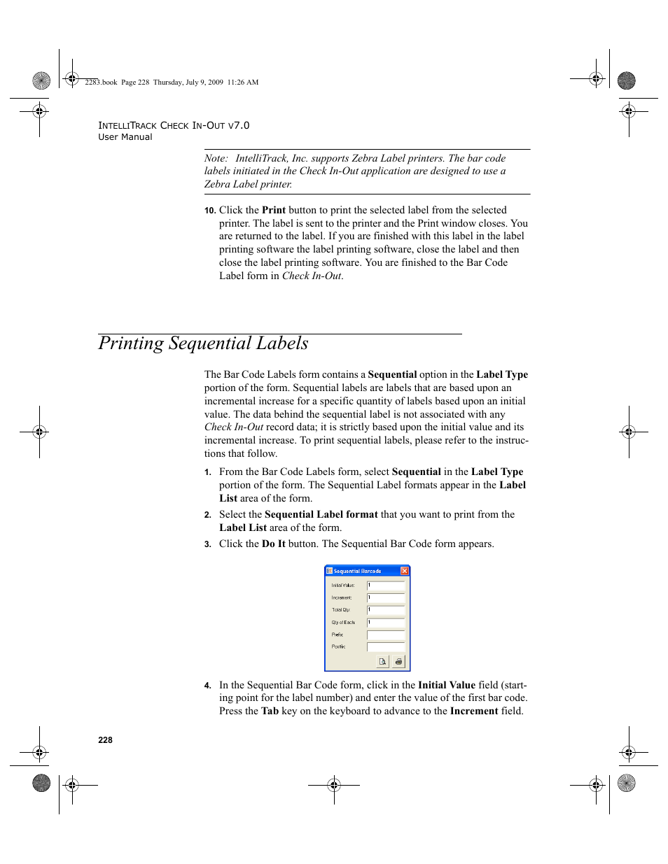 Printing sequential labels, Printing sequential labels 228 | IntelliTrack Check In/Out User Manual | Page 256 / 474