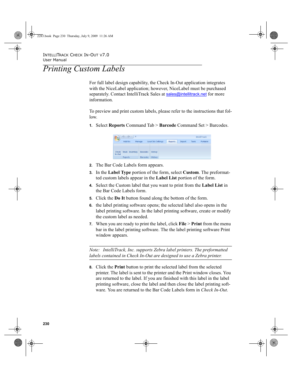 Printing custom labels, Printing custom labels 230 | IntelliTrack Check In/Out User Manual | Page 258 / 474