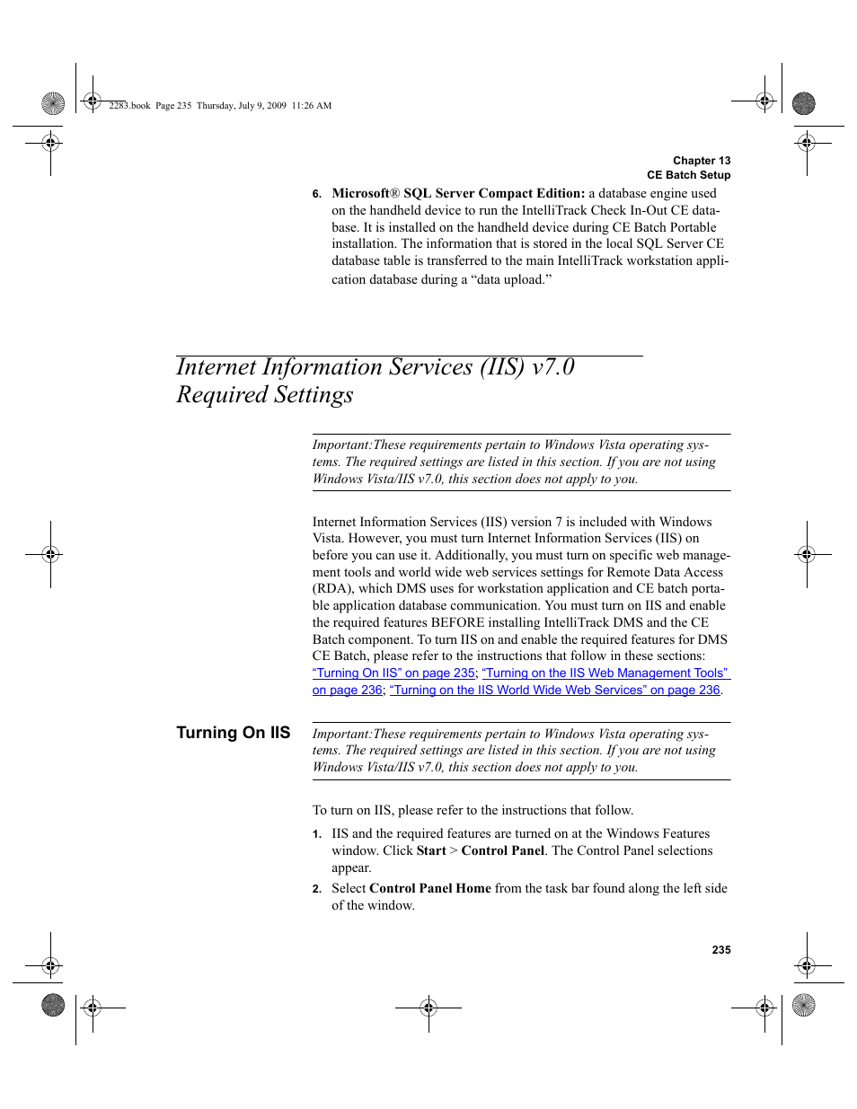 Turning on iis, Internet information services (iis) v7.0 required, Settings 235 | Internet information services (iis) | IntelliTrack Check In/Out User Manual | Page 263 / 474