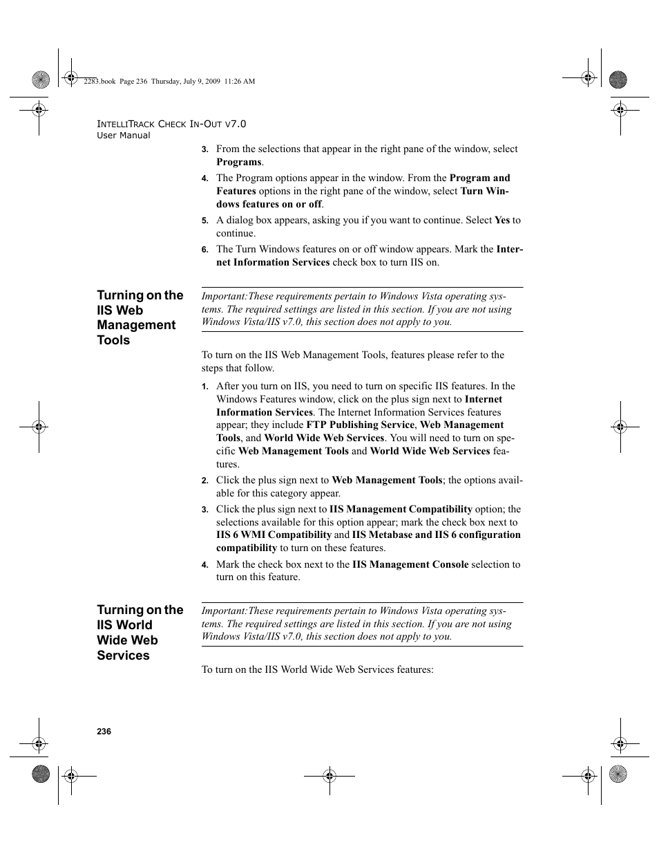 Turning on the iis web management tools, Turning on the iis world wide web services | IntelliTrack Check In/Out User Manual | Page 264 / 474