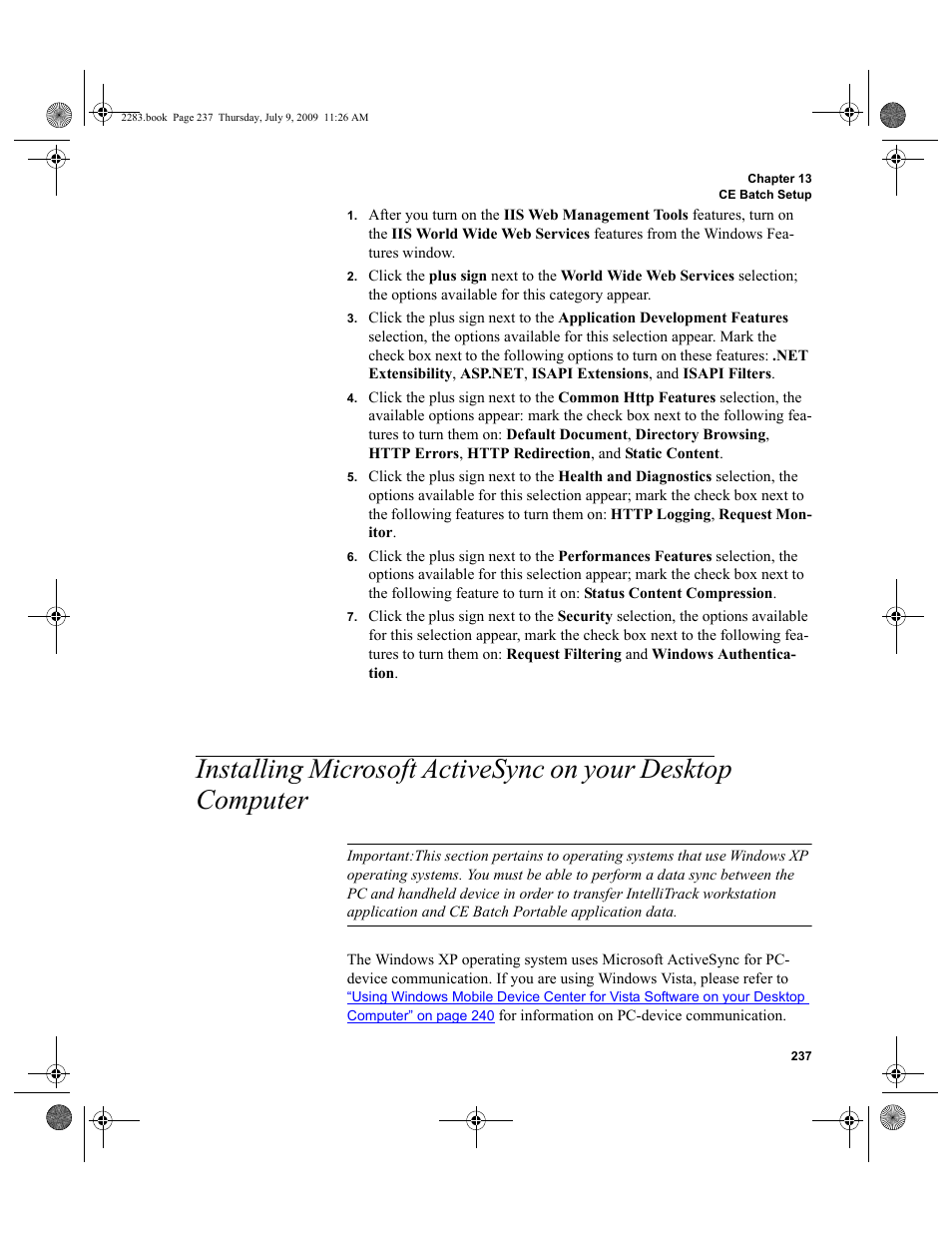 Installing microsoft activesync on your desktop, Computer 237 | IntelliTrack Check In/Out User Manual | Page 265 / 474