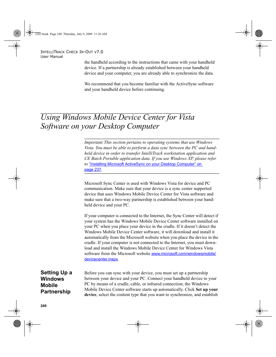 Setting up a windows mobile partnership, Using windows mobile device center for vista, Software on your desktop computer 240 | IntelliTrack Check In/Out User Manual | Page 268 / 474