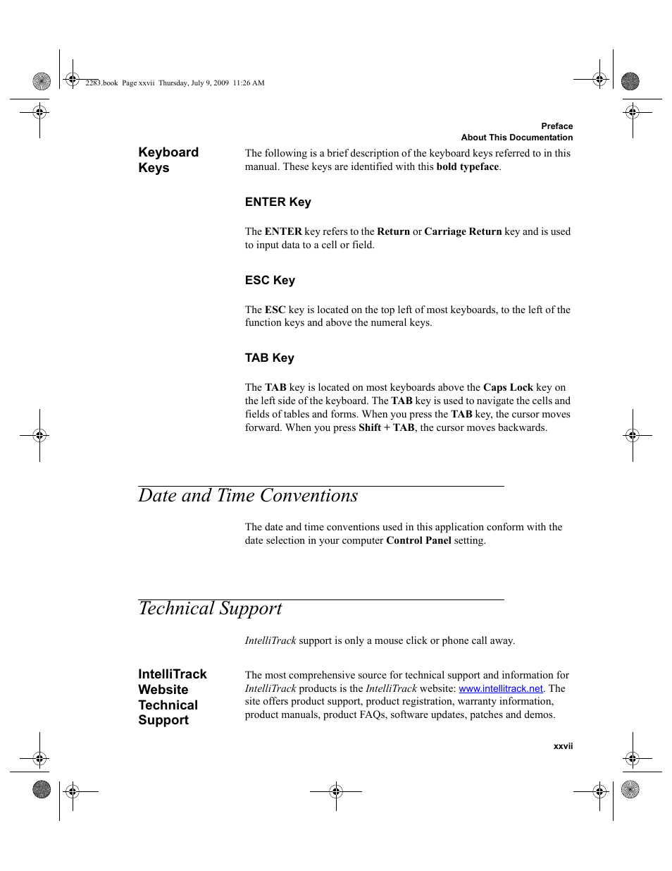 Keyboard keys, Date and time conventions, Technical support | Intellitrack website technical support, Keyboard keys xxvii, Date and time conventions xxvii, Technical support xxvii, Intellitrack website technical support xxvii | IntelliTrack Check In/Out User Manual | Page 27 / 474