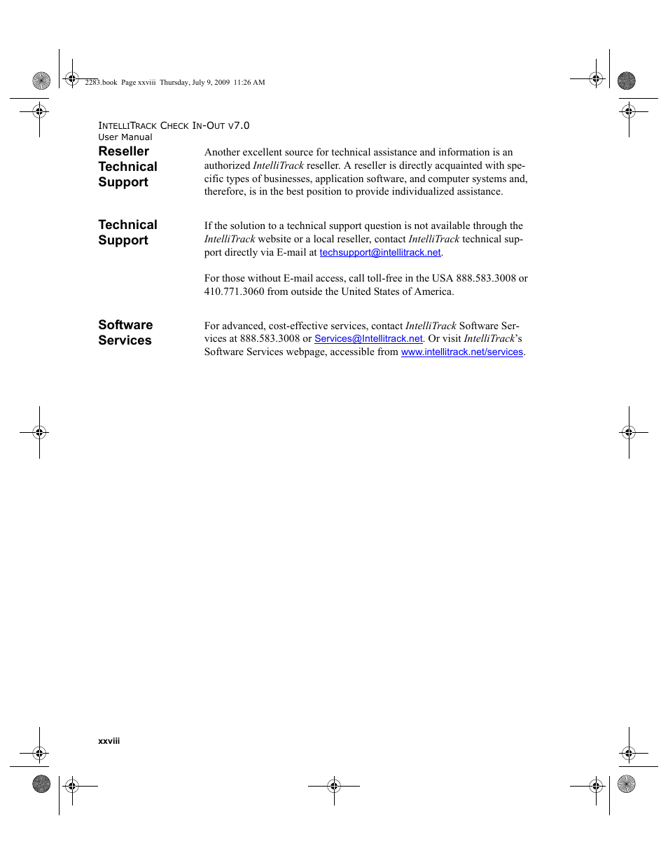 Reseller technical support, Technical support, Software services | Reseller technical support xxviii, Technical support xxviii, Software services xxviii | IntelliTrack Check In/Out User Manual | Page 28 / 474