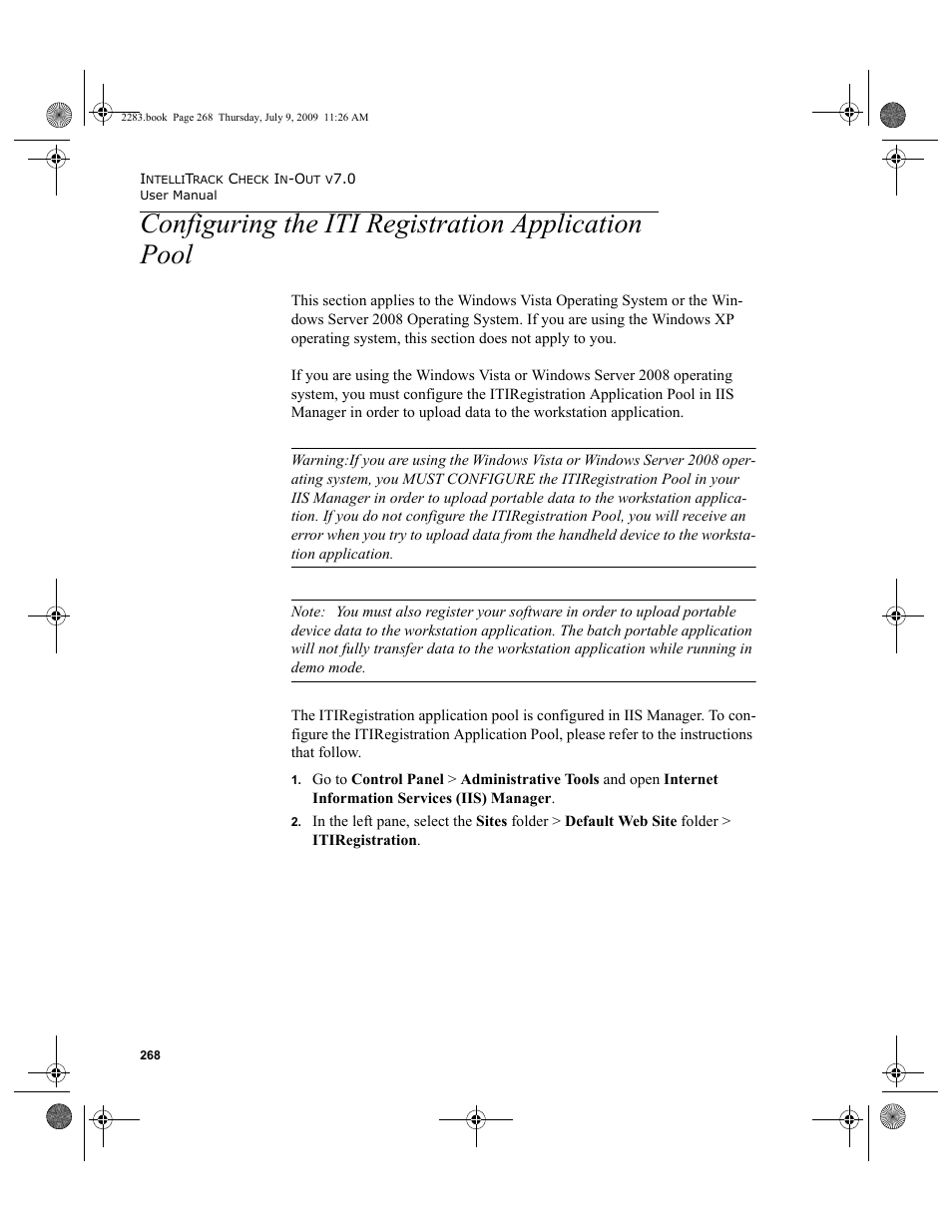 Configuring the iti registration application pool, Configuring the iti registration application, Pool 268 | IntelliTrack Check In/Out User Manual | Page 296 / 474