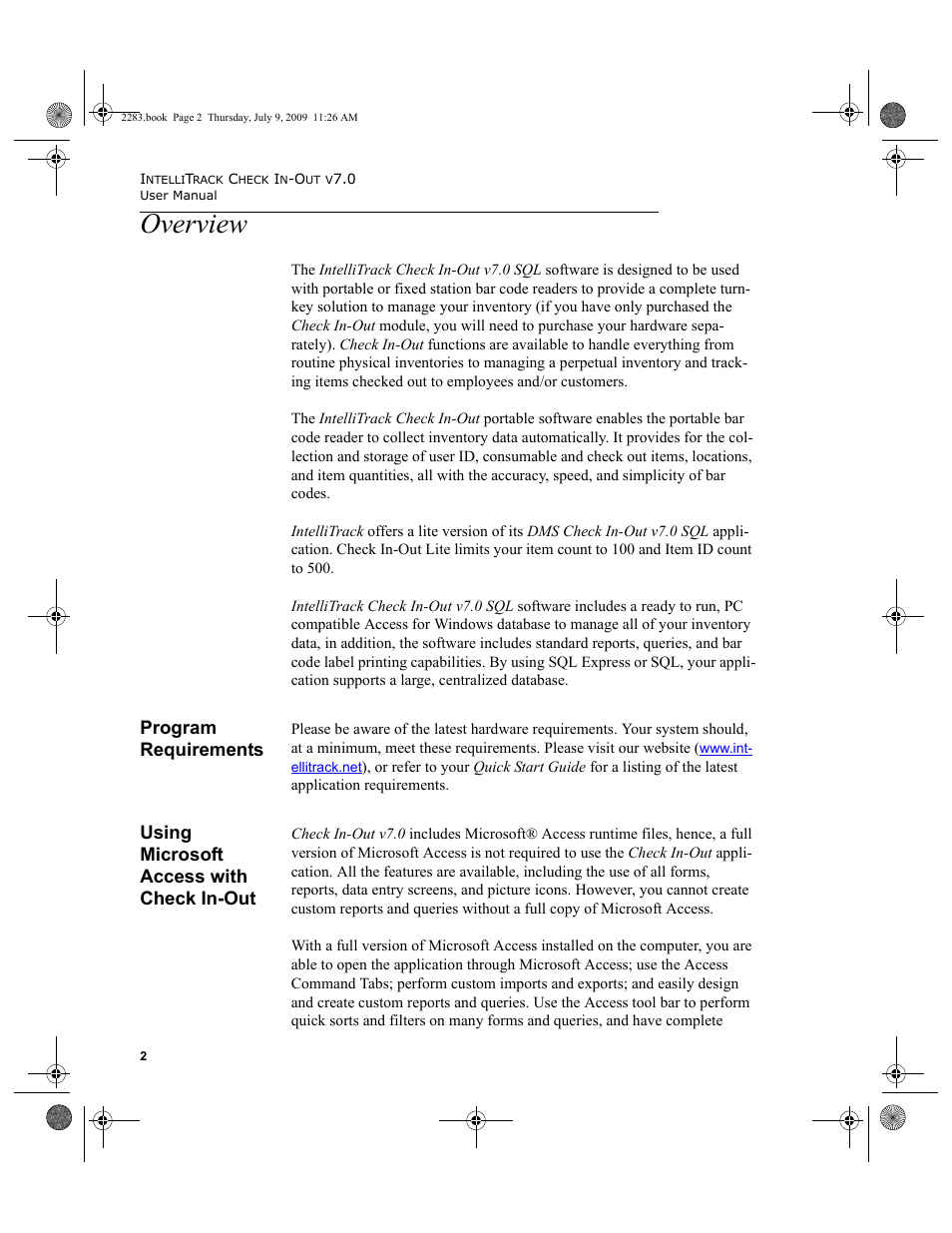 Overview, Program requirements, Using microsoft access with check in-out | Overview 2, Program requirements 2, Using microsoft access with check in-out 2 | IntelliTrack Check In/Out User Manual | Page 30 / 474