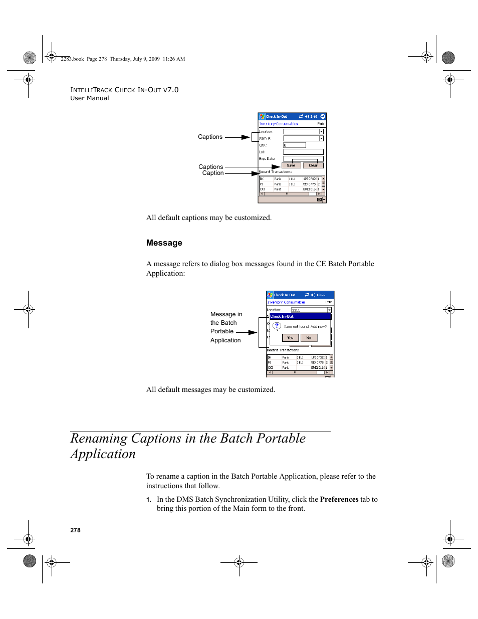 Message, Renaming captions in the batch portable, Application 278 | IntelliTrack Check In/Out User Manual | Page 306 / 474