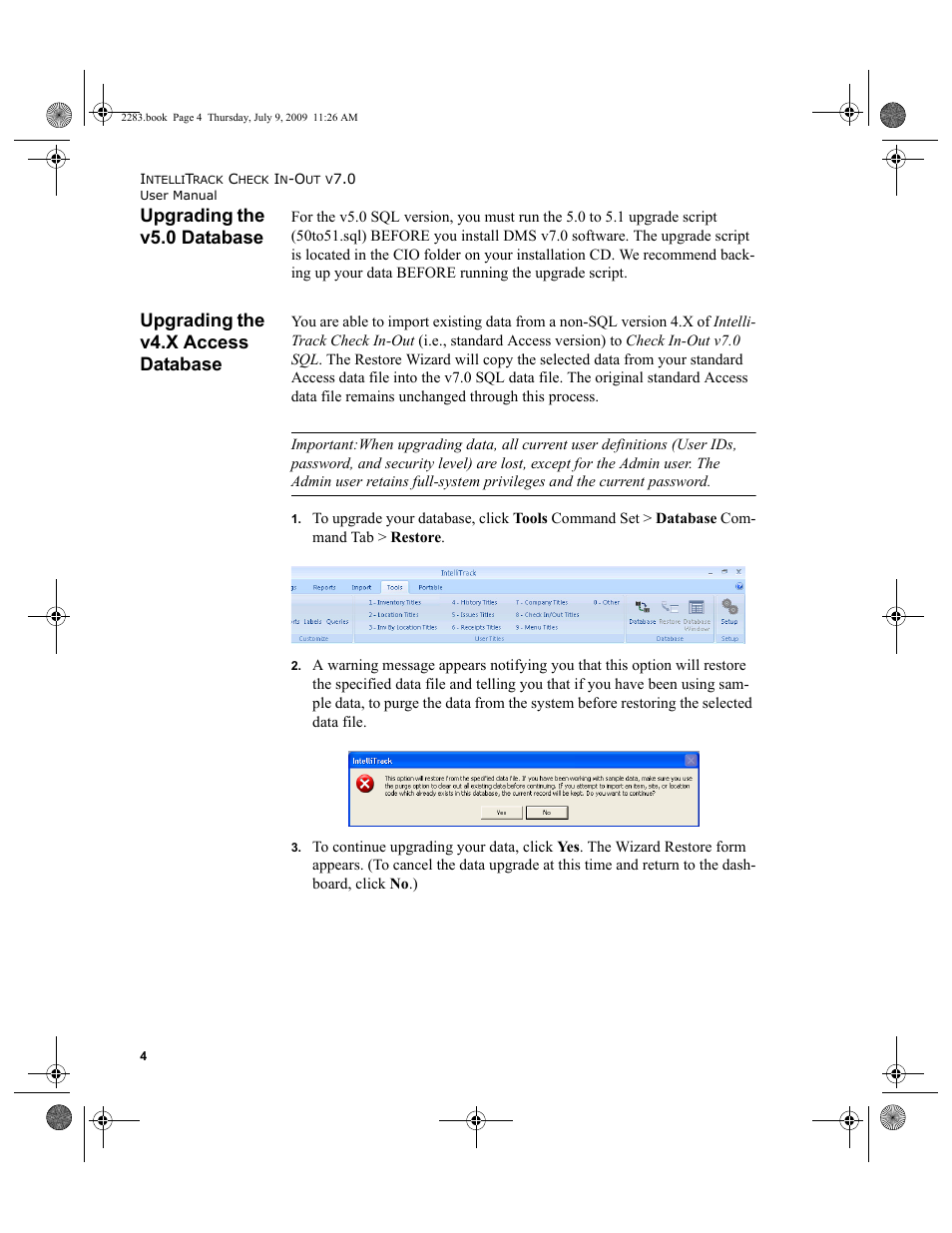 Upgrading the v5.0 database, Upgrading the v4.x access database, Upgrading the v5.0 database 4 | Upgrading the v4.x access database 4 | IntelliTrack Check In/Out User Manual | Page 32 / 474