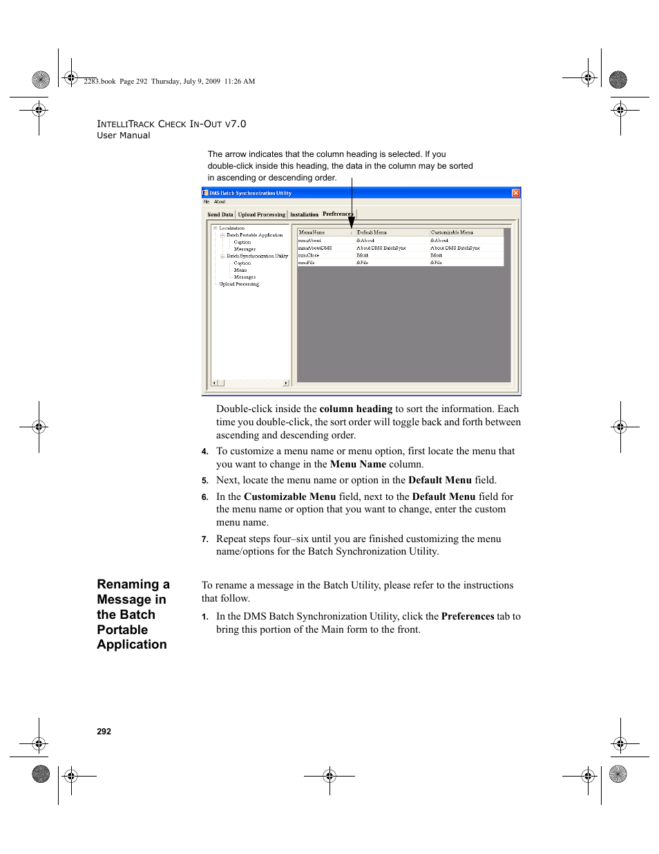 Renaming a message in the batch portable, Application 292 | IntelliTrack Check In/Out User Manual | Page 320 / 474