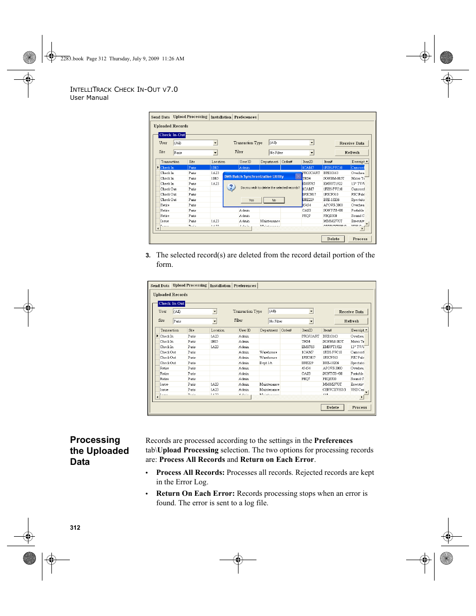 Processing the uploaded data, Processing the uploaded data 312 | IntelliTrack Check In/Out User Manual | Page 340 / 474