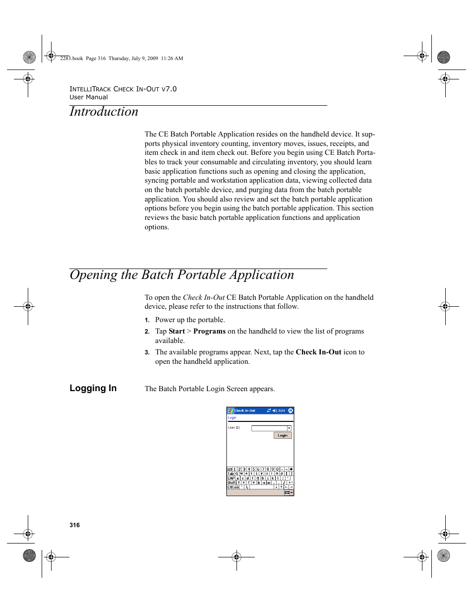 Introduction, Opening the batch portable application, Logging in | Introduction 316, Opening the batch portable application 316, Logging in 316 | IntelliTrack Check In/Out User Manual | Page 344 / 474