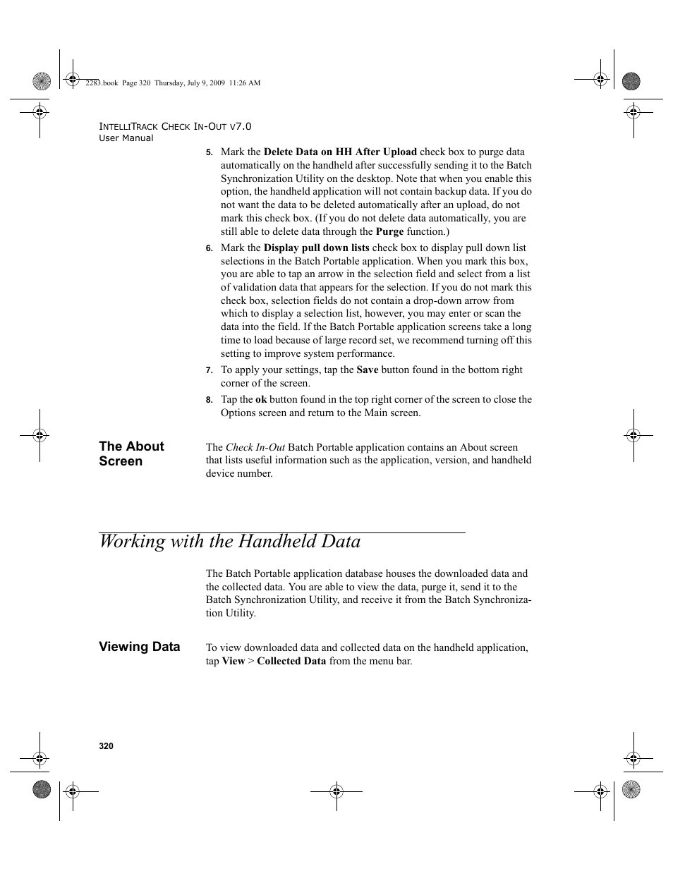 The about screen, Working with the handheld data, Viewing data | The about screen 320, Working with the handheld data 320, Viewing data 320 | IntelliTrack Check In/Out User Manual | Page 348 / 474