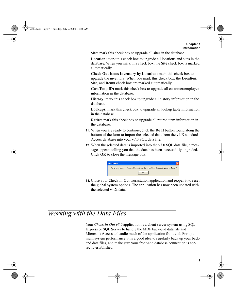 Working with the data files, Working with the data files 7 | IntelliTrack Check In/Out User Manual | Page 35 / 474