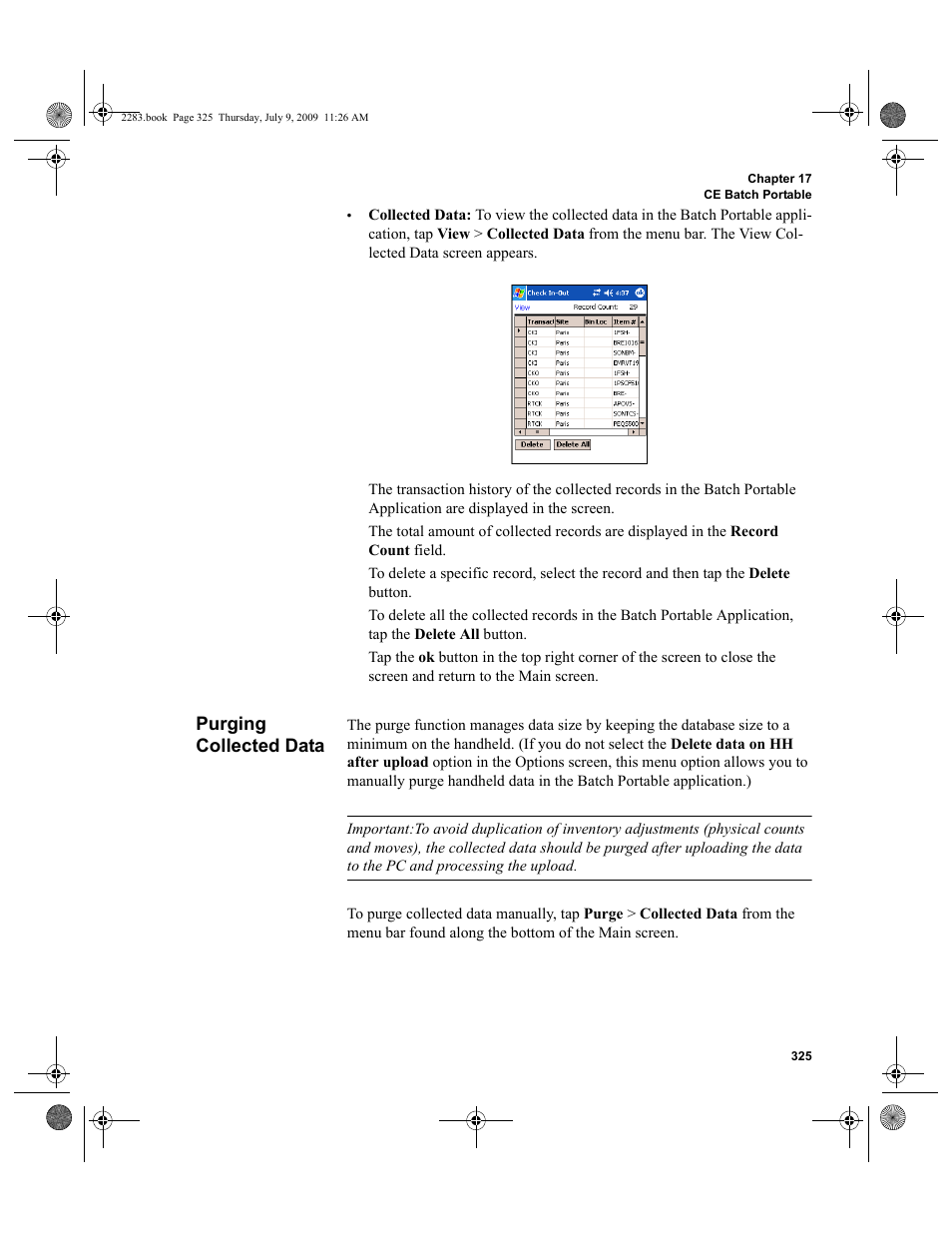 Purging collected data, Purging collected data 325 | IntelliTrack Check In/Out User Manual | Page 353 / 474