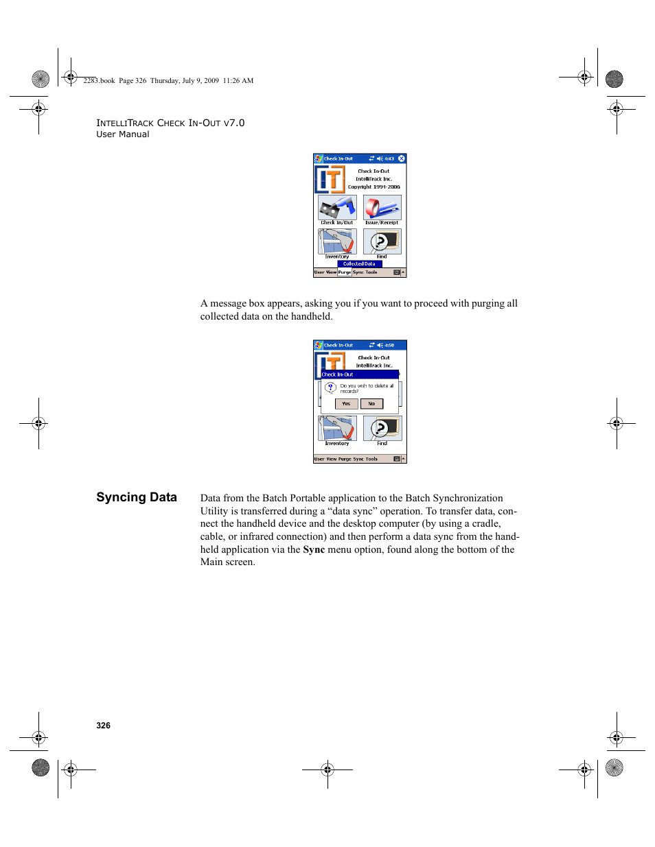 Syncing data, Syncing data 326 | IntelliTrack Check In/Out User Manual | Page 354 / 474