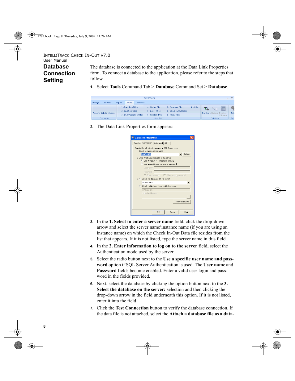 Database connection setting, Database connection setting 8 | IntelliTrack Check In/Out User Manual | Page 36 / 474