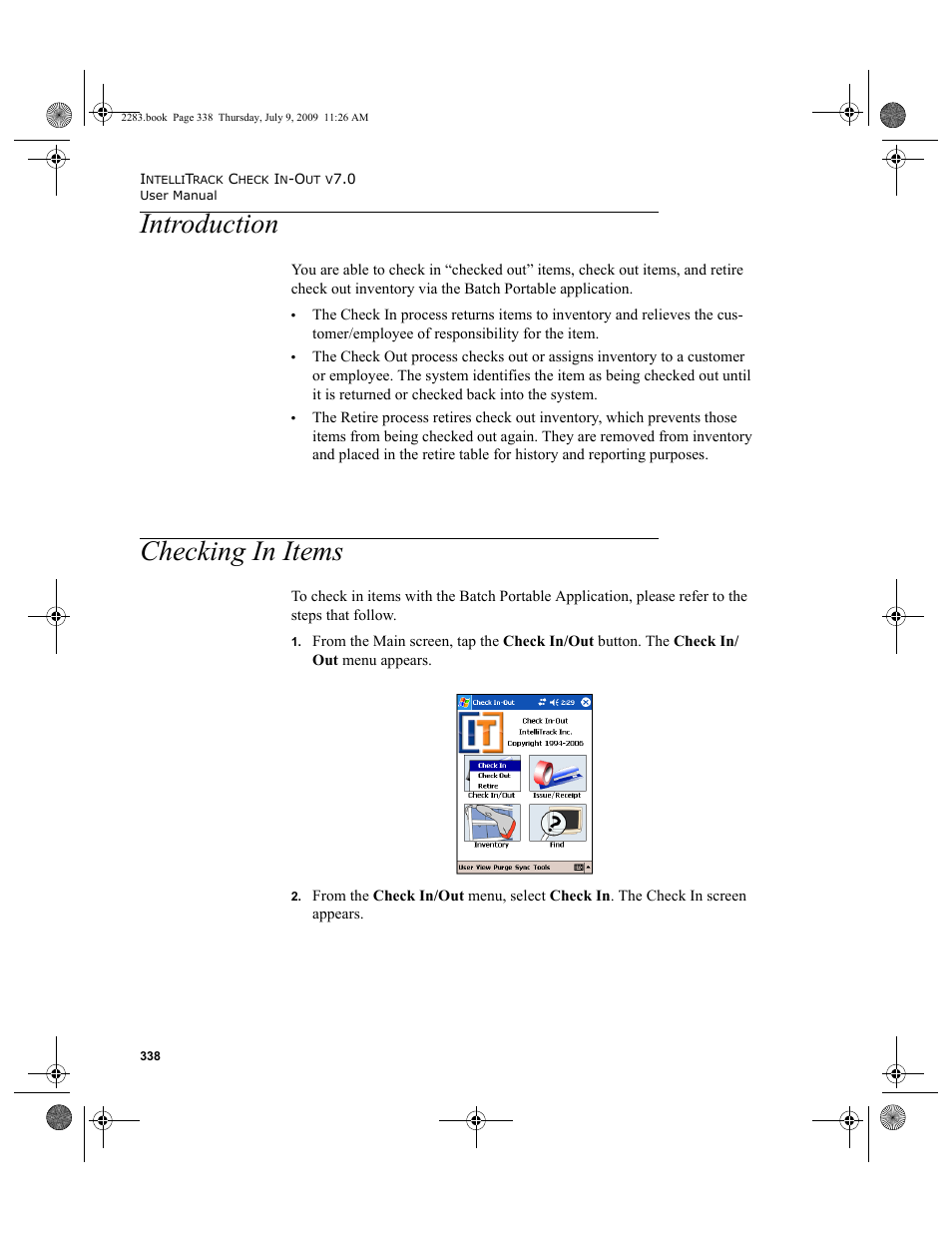 Introduction, Checking in items, Introduction checking in items | Introduction 338, Checking in items 338 | IntelliTrack Check In/Out User Manual | Page 366 / 474