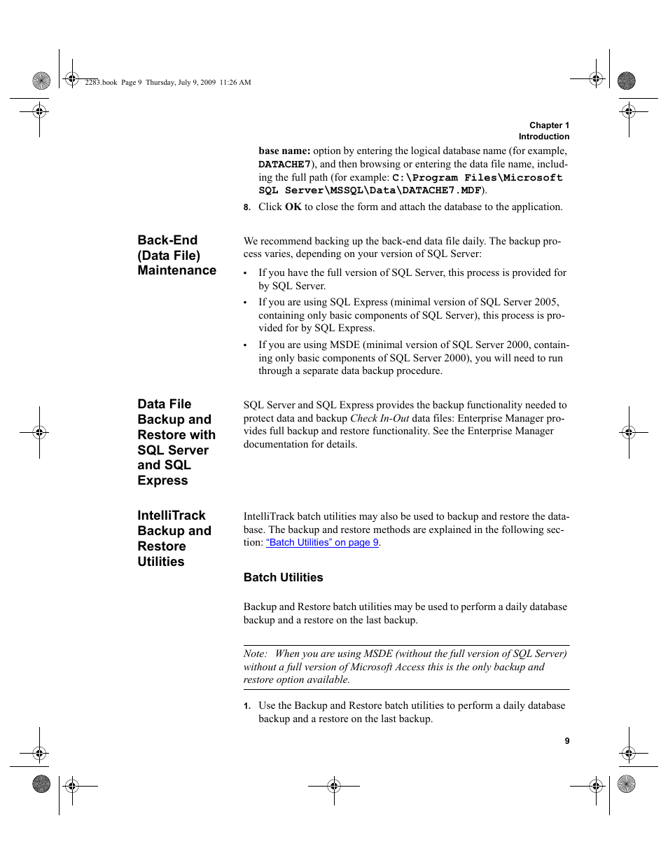 Back-end (data file) maintenance, Intellitrack backup and restore utilities, Batch utilities | Back-end (data file) maintenance 9, Data file backup and restore with sql server and, Sql express 9, Intellitrack backup and restore utilities 9 | IntelliTrack Check In/Out User Manual | Page 37 / 474