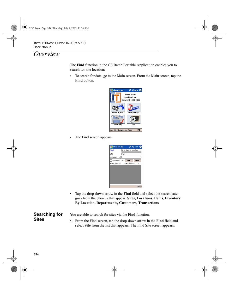 Overview, Searching for sites, Overview 354 | Searching for sites 354 | IntelliTrack Check In/Out User Manual | Page 382 / 474