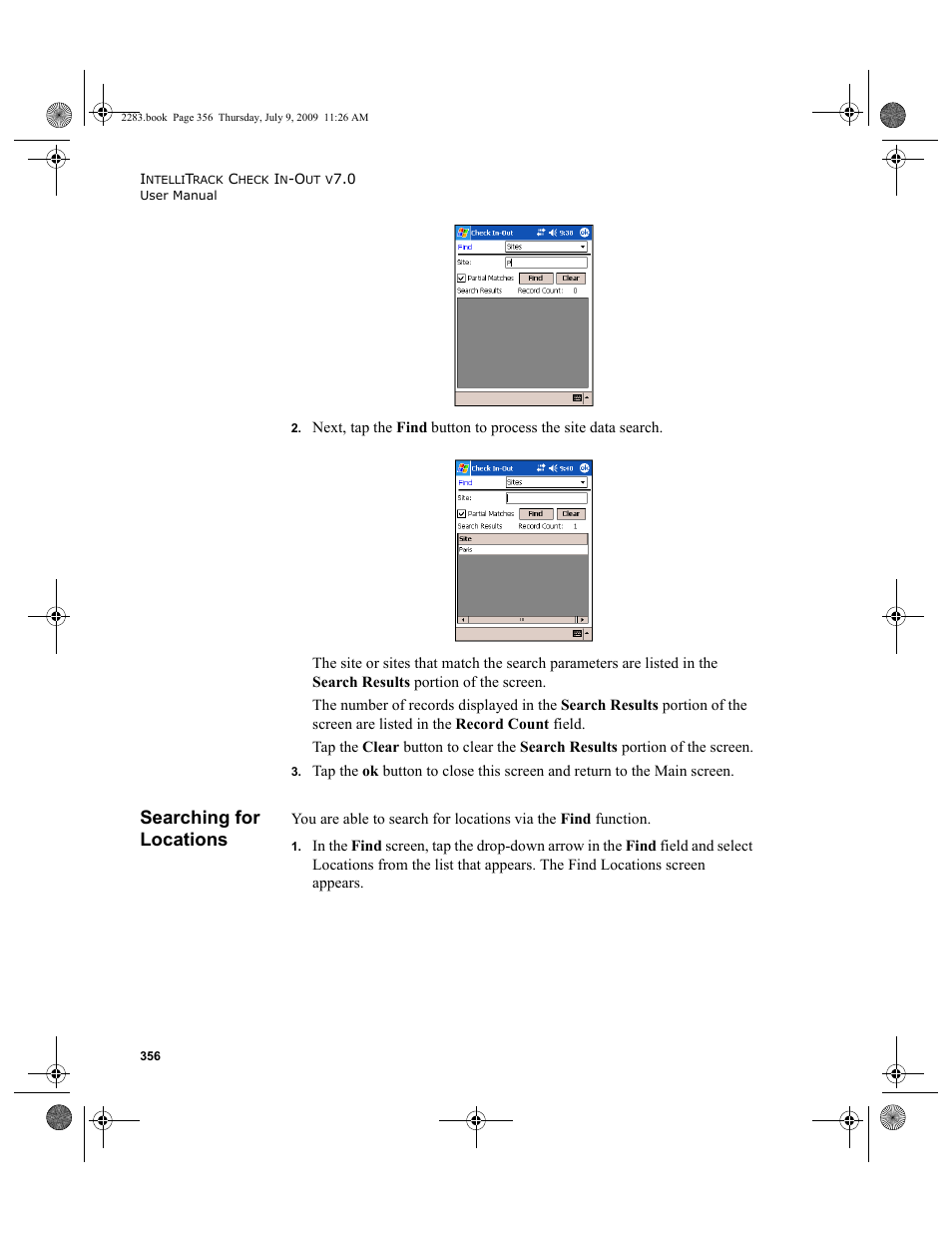 Searching for locations, Searching for locations 356 | IntelliTrack Check In/Out User Manual | Page 384 / 474