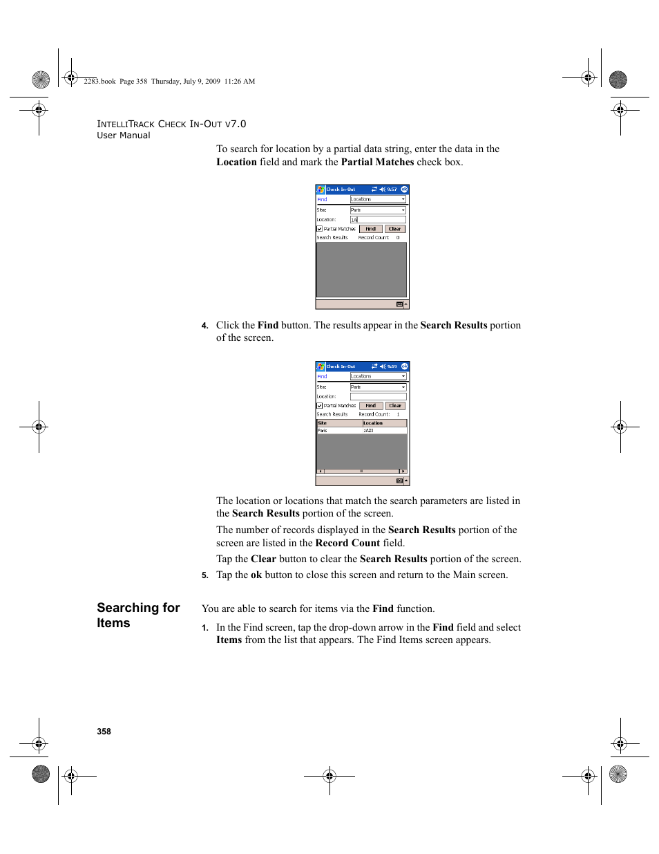 Searching for items, Searching for items 358 | IntelliTrack Check In/Out User Manual | Page 386 / 474