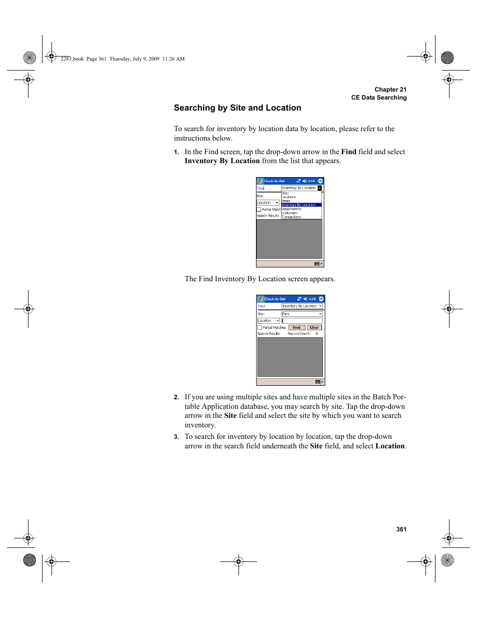 Searching by site and location | IntelliTrack Check In/Out User Manual | Page 389 / 474