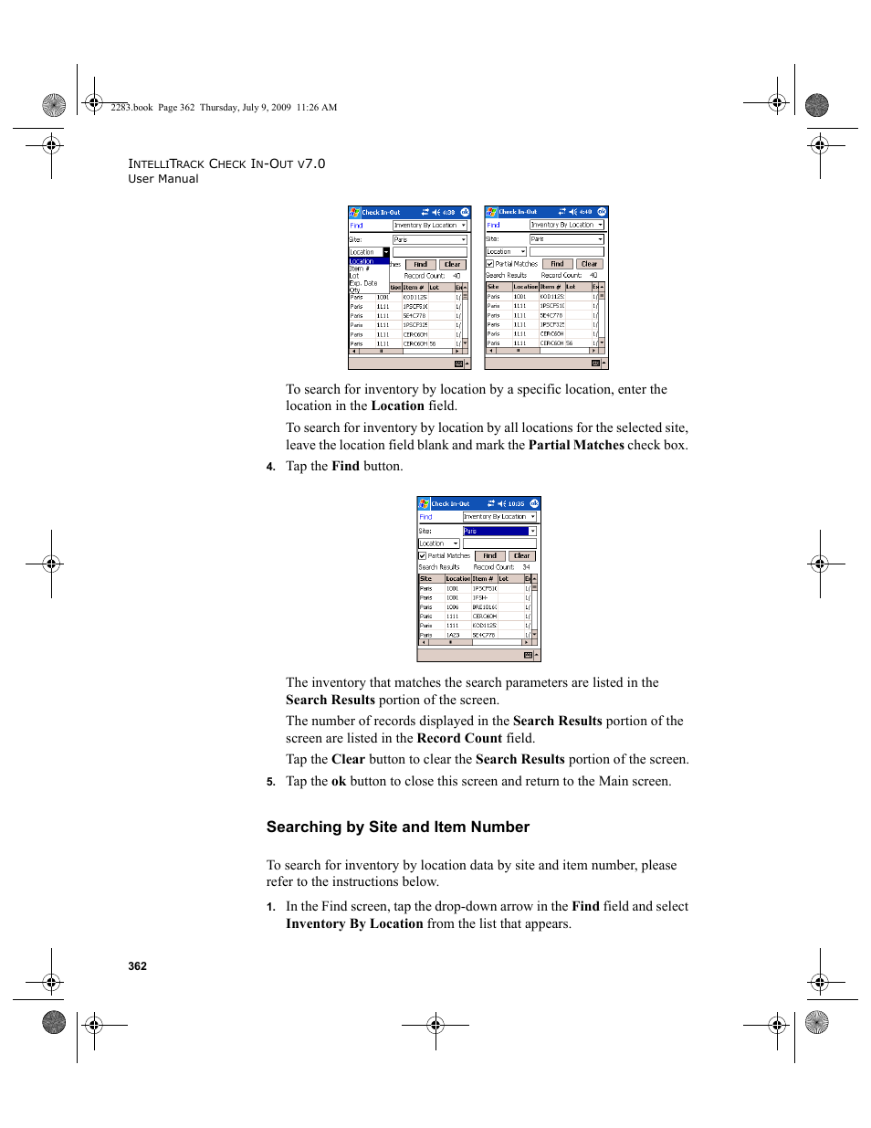 Searching by site and item number | IntelliTrack Check In/Out User Manual | Page 390 / 474