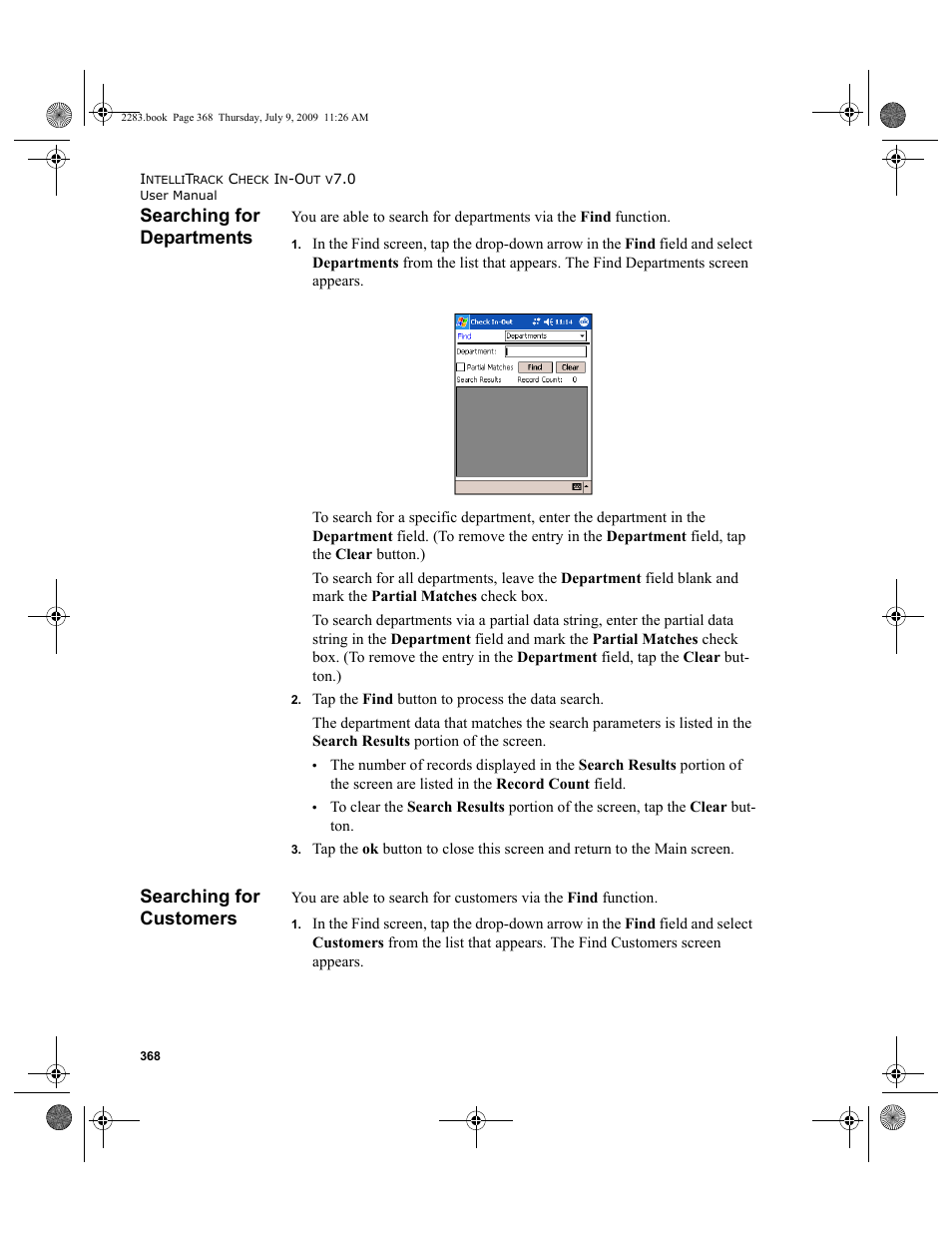 Searching for departments, Searching for customers, Searching for departments searching for customers | Searching for departments 368, Searching for customers 368 | IntelliTrack Check In/Out User Manual | Page 396 / 474