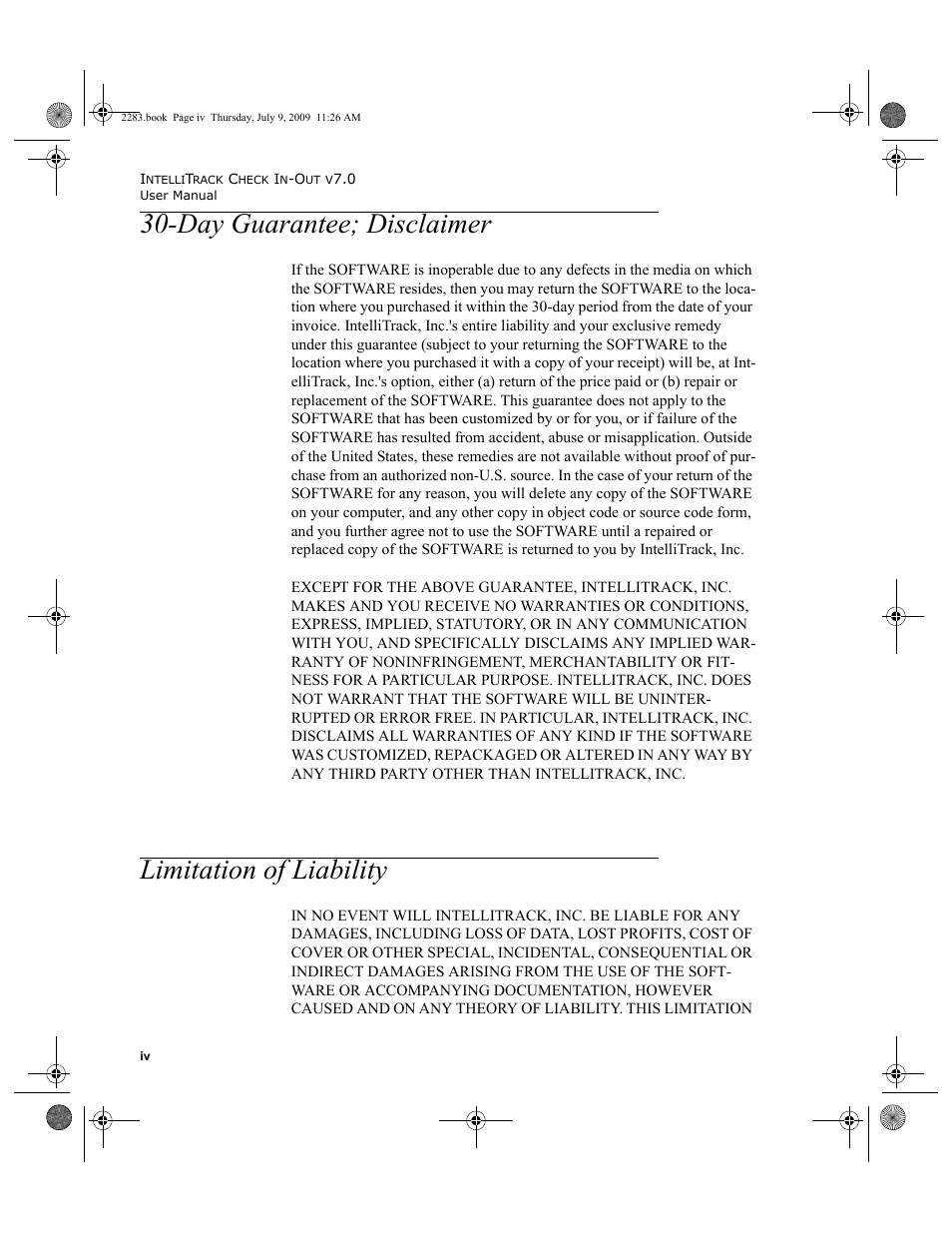 Day guarantee; disclaimer, Limitation of liability | IntelliTrack Check In/Out User Manual | Page 4 / 474
