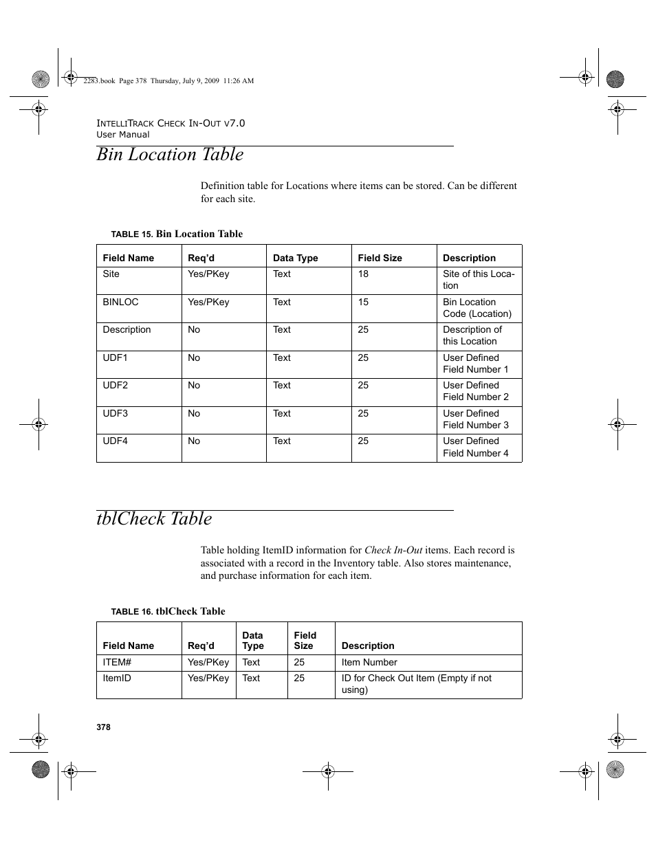 Bin location table, Tblcheck table, Bin location table tblcheck table | Bin location table 378, Tblcheck table 378 | IntelliTrack Check In/Out User Manual | Page 406 / 474