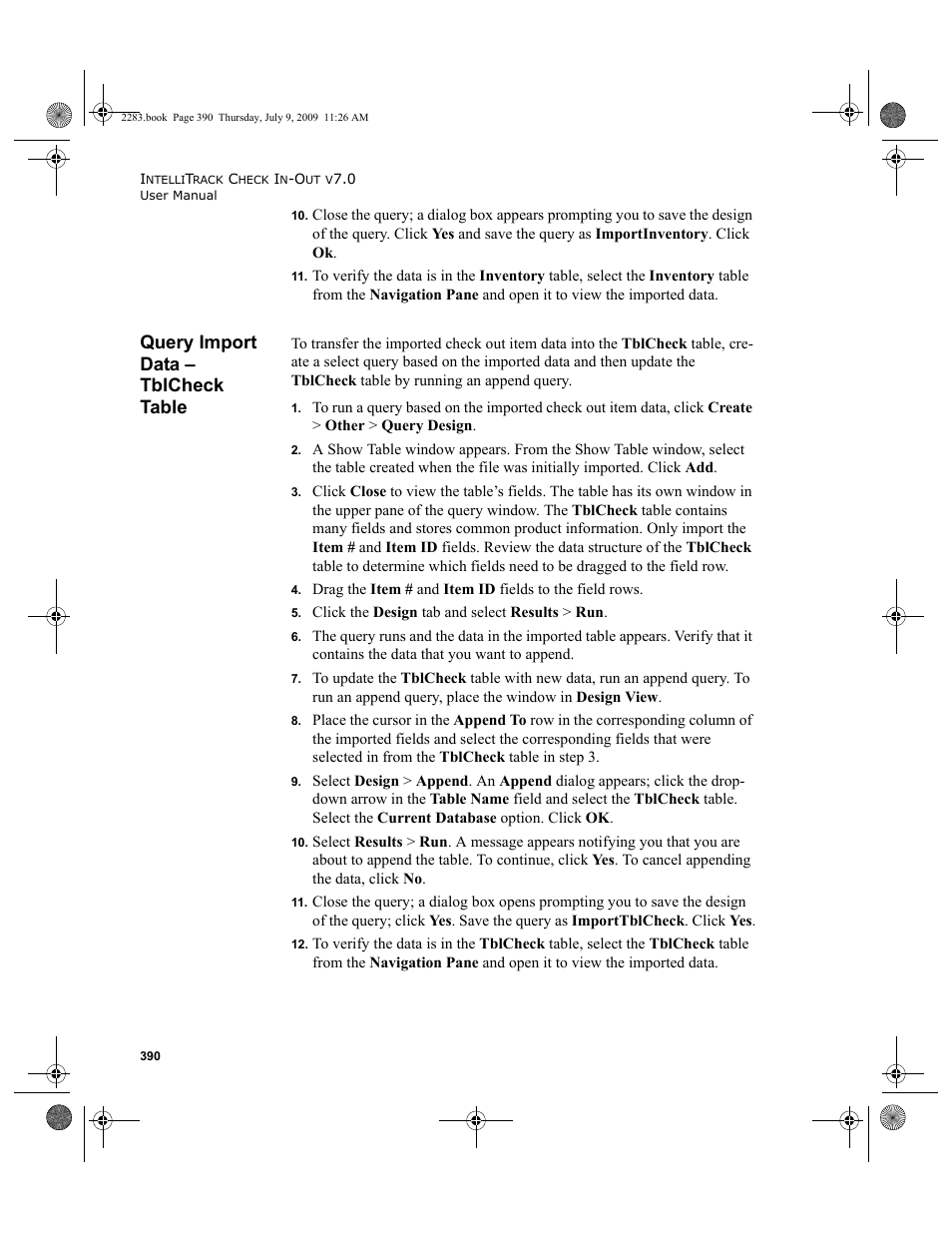 Query import data - tblcheck table, Query import data – tblcheck table, Query import data – tblcheck table 390 | IntelliTrack Check In/Out User Manual | Page 418 / 474