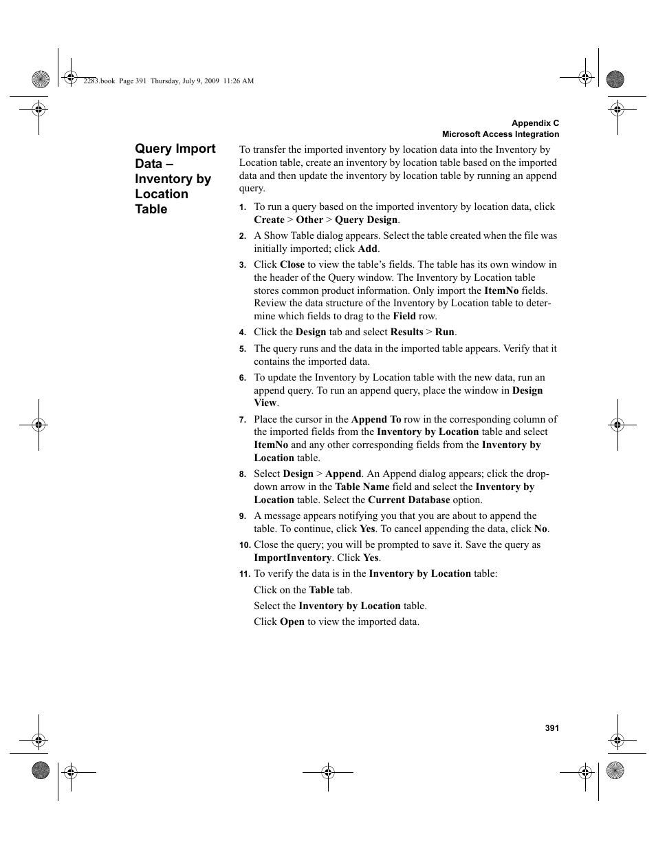 Query import data - inventory by location table, Query import data – inventory by location table, Query import data – inventory by location | Table 391, Query import data | IntelliTrack Check In/Out User Manual | Page 419 / 474