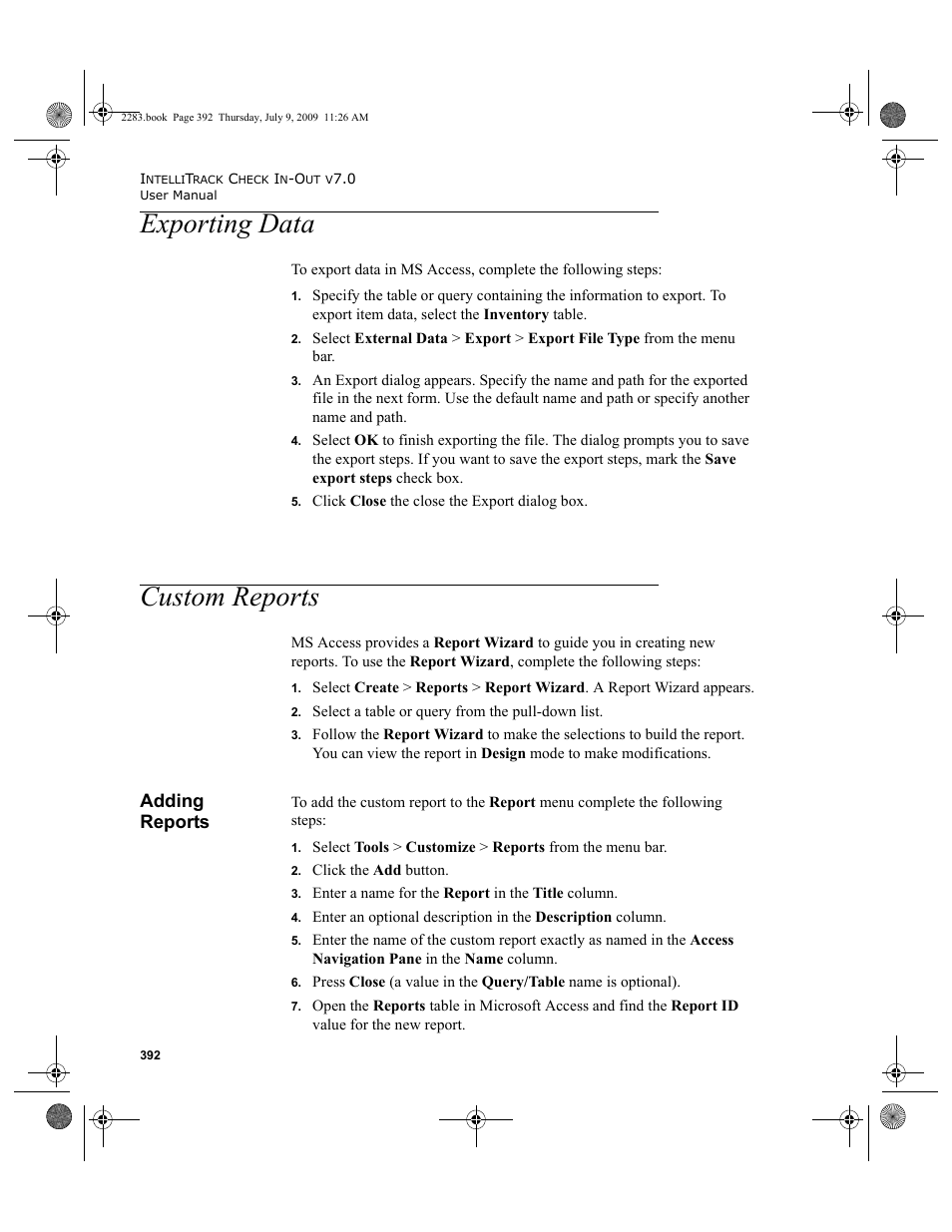 Exporting data, Custom reports, Adding reports | Exporting data custom reports, Fer to, Exporting data 392, Custom reports 392, Adding reports 392 | IntelliTrack Check In/Out User Manual | Page 420 / 474