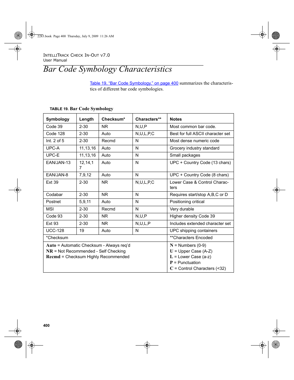 Bar code symbology characteristics | IntelliTrack Check In/Out User Manual | Page 428 / 474