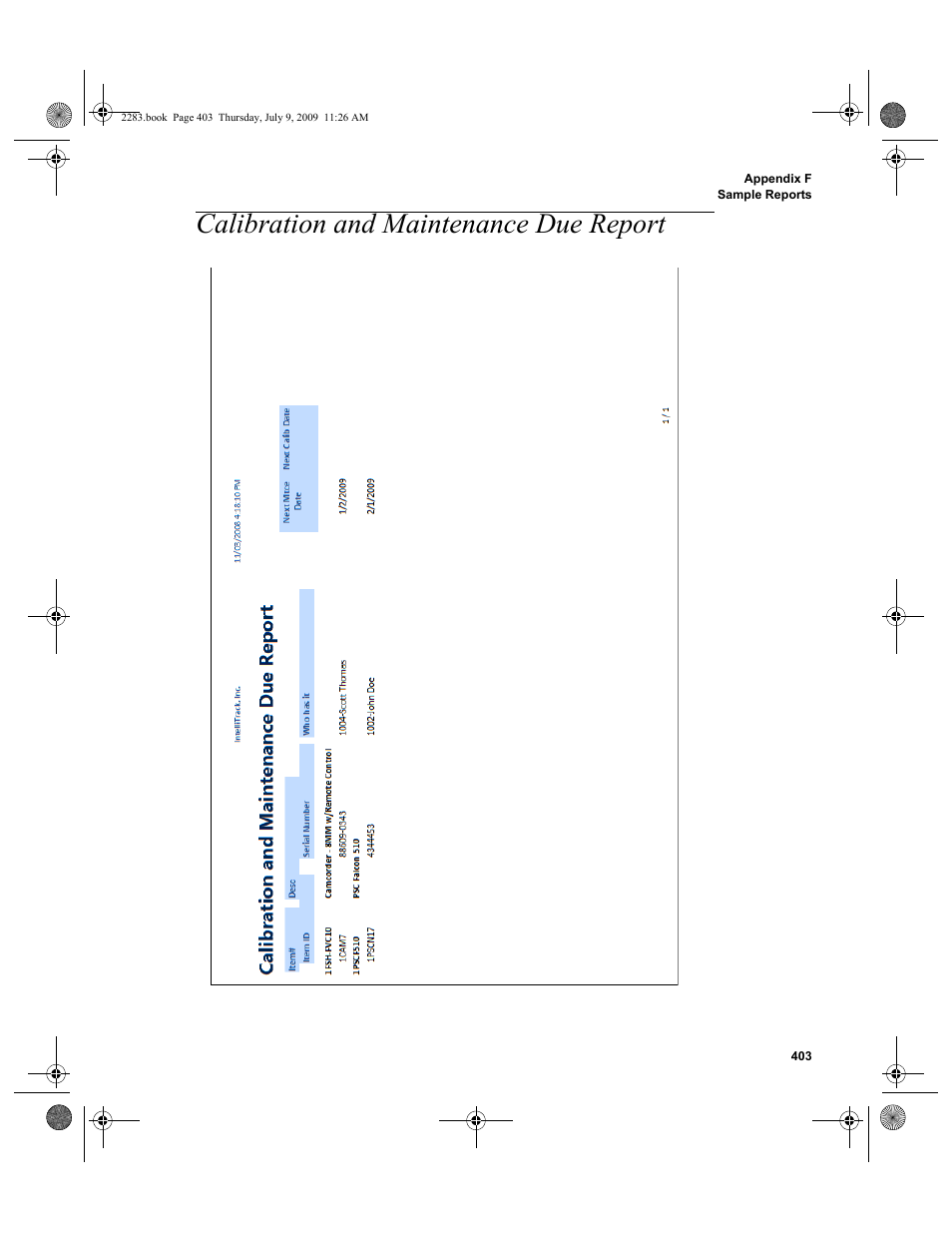 Calibration and maintenance due report, Calibration and maintenance due report 403 | IntelliTrack Check In/Out User Manual | Page 431 / 474