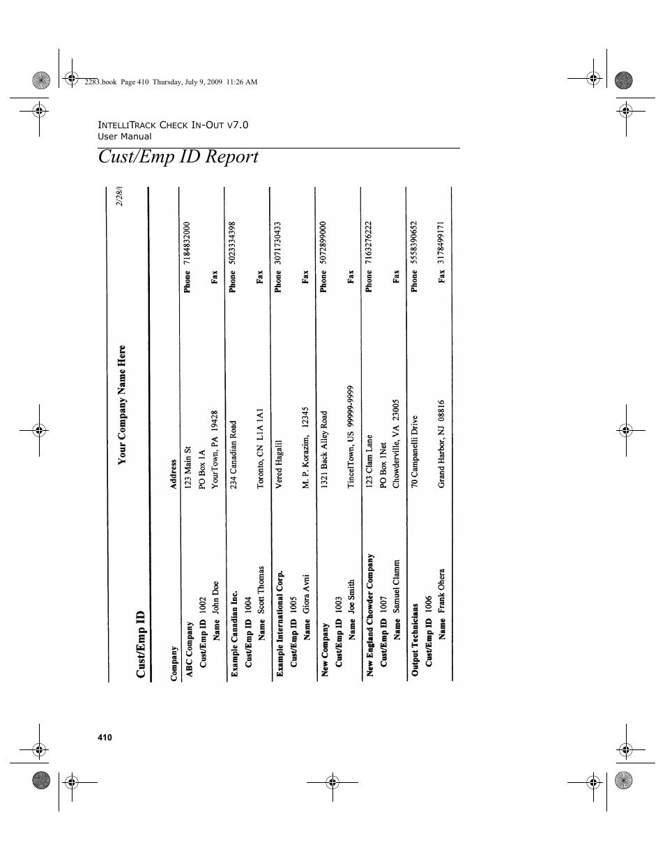 Cust/emp id report, Cust/emp id report 410 | IntelliTrack Check In/Out User Manual | Page 438 / 474